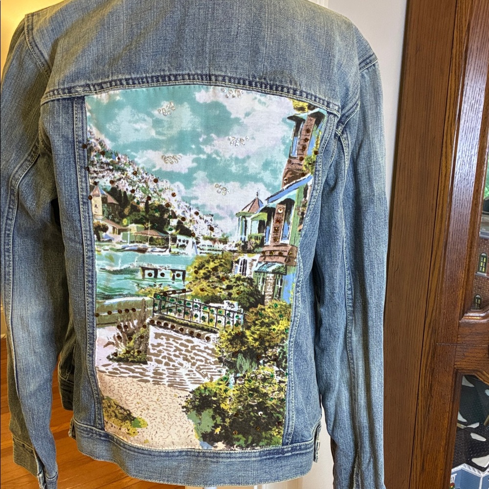 Upcycled Denim Jacket with Scenic Back Panel Hand Stitched